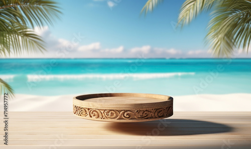 Tropical Beach Display with Wooden Podium on White Sandy Shore, Palm Leaves in Background for Product Presentation or Vacation Concept © Bartek