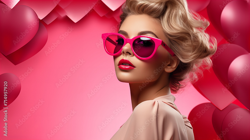 Blonde woman in sunglasses with heart, Greeting card for Happy Womens Day, Mother's day, Easter, Valentine day, Birthday. Springtime composition with copy space. Pink peach colours for the year 2024 Blonde woman in sunglasses with heart, Greeting card for Happy Womens Day, Mother's day, Easter, Valentine day, Birthday. Springtime composition with copy space. Pink peach colours for the year 2024