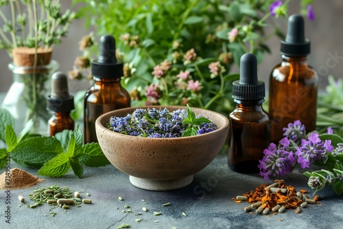 Elevate your wellness visuals with our image showcasing herbal organic medicine products. An authentic representation of natural herbs, offering a holistic approach to health.