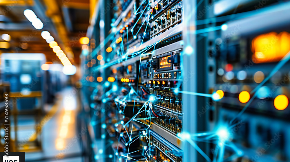 Server room technology: A view of a modern server room with networking equipment, representing digital connectivity Server room technology: A view of a modern server room with networking equipment, representing digital connectivity