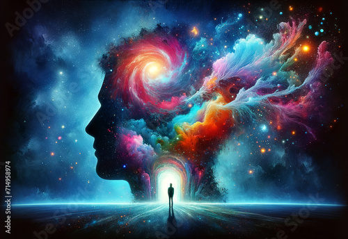 A surreal portrayal of a human silhouette and head profile emerging from a cosmic galaxy with vibrant colors and stars.Spiritual concept. AI generated.