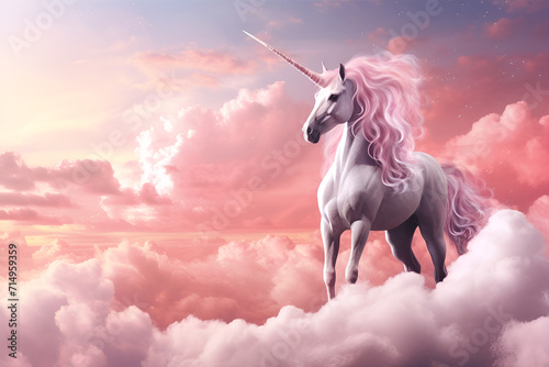 Pink unicorn in the cloudy  sky