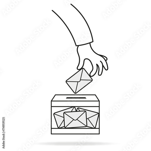 Illustration vectorielle d'un personnage qui vote - Main qui dépose un bulletin de vote dans une urne transparente - Acte de citoyenneté