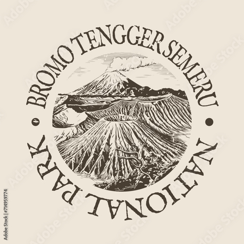Bromo Tengger Semeru, Ranupani, East Java, Indonesia Illustration Clip Art Design Shape. National Park Vintage Icon Vector Stamp.