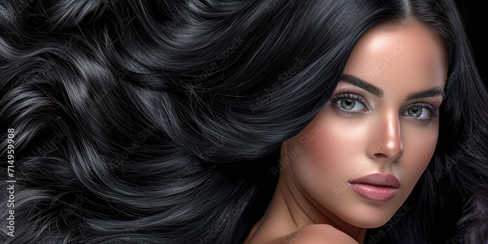Fototapeta premium Banner for a hair salon featuring glossy, wavy, beautiful black hair on a young woman with long, healthy hair.