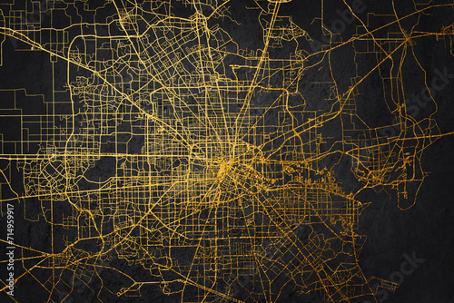 Detailed vector city map in gold on black background. City map.