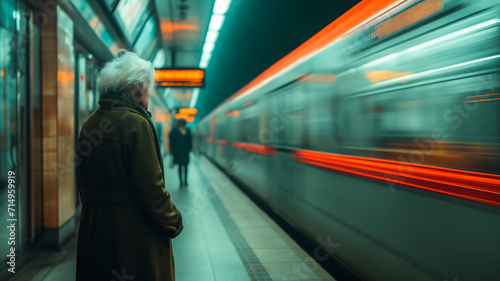 Anciano en una estación de metro viendo pasar el tren como símbolo del paso de la vida. Larga exposición