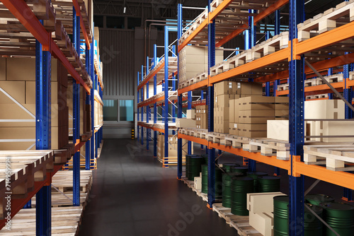 the boxes are on the shelves of the warehouse. The corridor of the warehouse has a view of metal shelves with flights and cargo. 3D image © Grispb