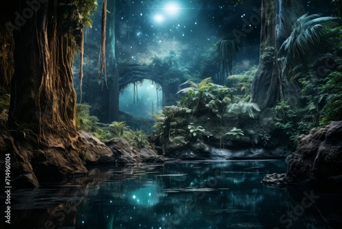 Serene moonlit waterfalls in Fantasy - Generative AI