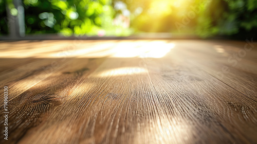 New brown matte oak texture laminate flooring, blurred spring garden background, macro shot, focus on laminate flooring.