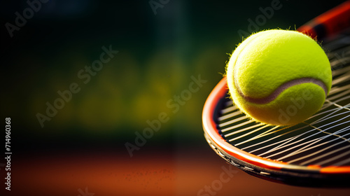 Gros plan, zoom sur une balle et une raquette de tennis, sur un court. Tennisman, match, compétition, sport. Pour conception et création graphique. © FlyStun