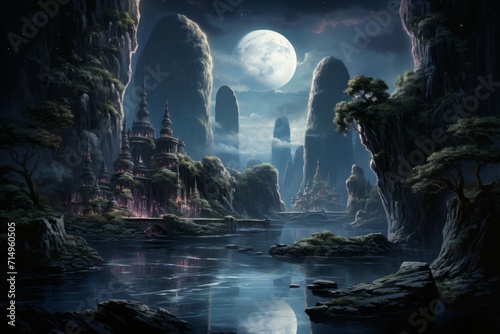 Serene moonlit waterfalls in Fantasy - Generative AI