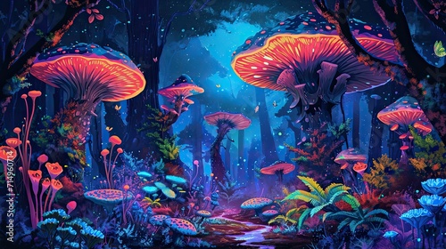 psychedelic trippy wonderland landscape with mushrooms, flowers, butterflies, fantasy bright neon illustration, AI generated © Maria Zamchiy 