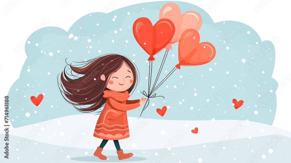 Illustration of a young happy girl with balloons. Valentine's Day card Illustration of a young happy girl with balloons. Valentine's Day card