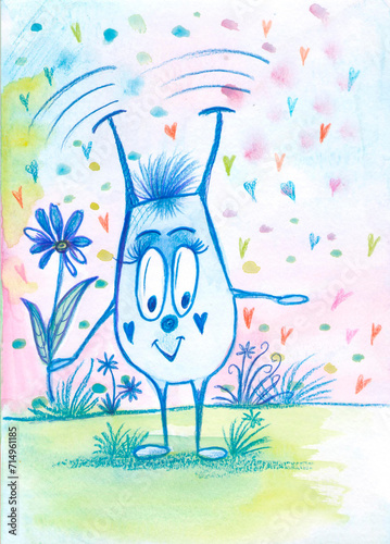 Smiling bug with flower. Handdrawing  watercolour  bright emotional for card  wallpaper  print. 