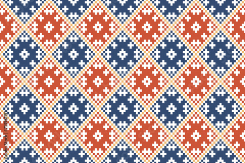 Geometric Ethnic Pixel Art Harlequin Seamless Pattern.  Vector design for fabric, tile, carpet, wrapping, wallpaper, and background