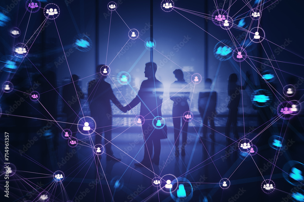 Crowd of businesspeople with connected digital people team icons on dark blurry purple office interior background. Digital network, online community and social media concept. Double exposure. Crowd of businesspeople with connected digital people team icons on dark blurry purple office interior background. Digital network, online community and social media concept. Double exposure.