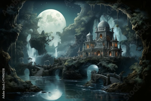 Serene moonlit waterfalls in Fantasy - Generative AI