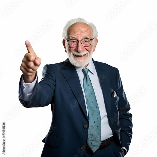 A smiling business old man pointing fingers over white background