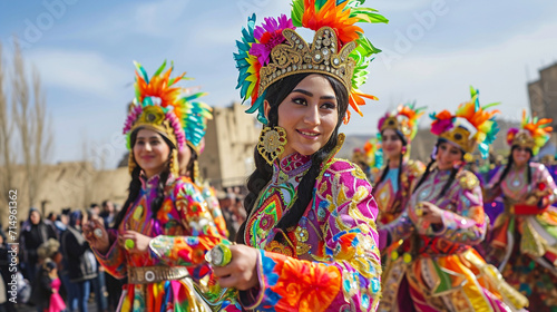 Against the backdrop of an ancient city, a Nowruz parade unfolds with performers in colorful traditional costumes, musicians playing lively tunes, and vibrant floats celebrating th