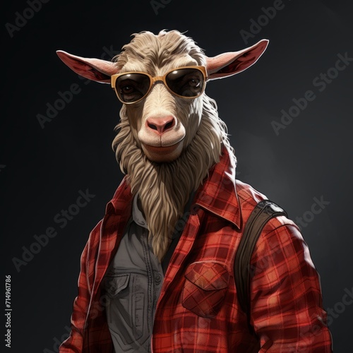 a goat in a plaid shirt and black glasses. a horned animal. © MaskaRad