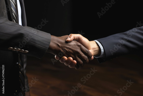 White Man in suit and black man shaking hands. Business, successful deal, contract concept.