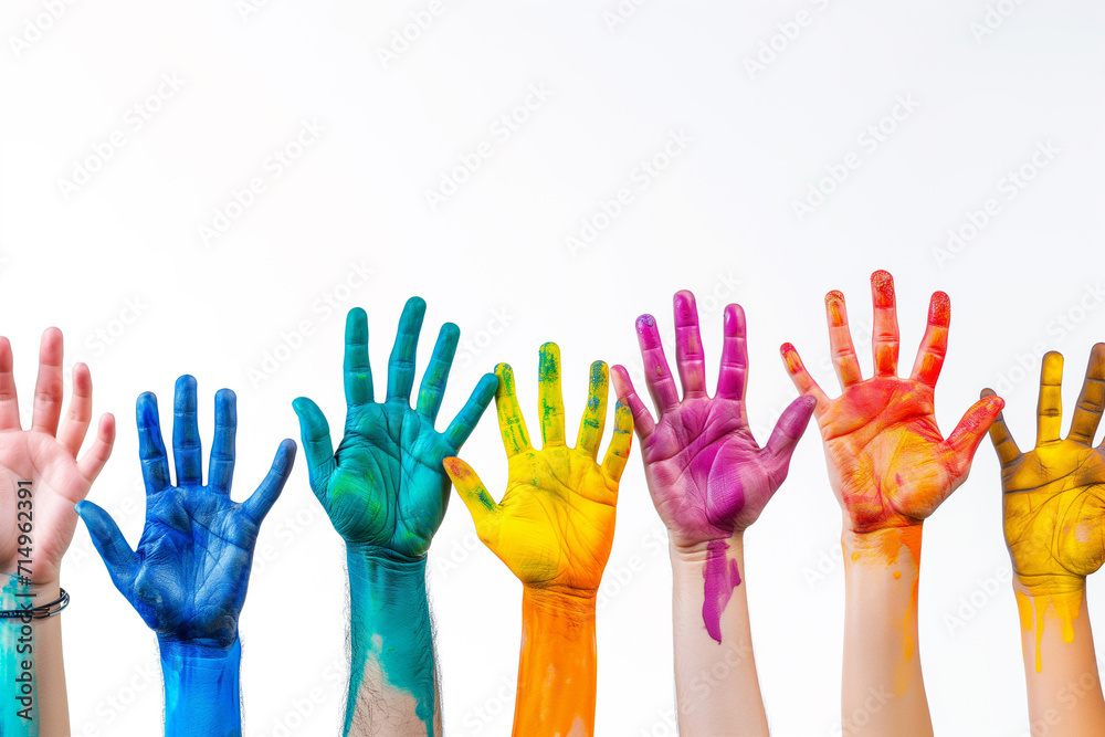 Human hands in colors stretching up on white background, Colorful Children Hand. Close up of colored hand print. Child's hands in multi-colored paints on a white background.