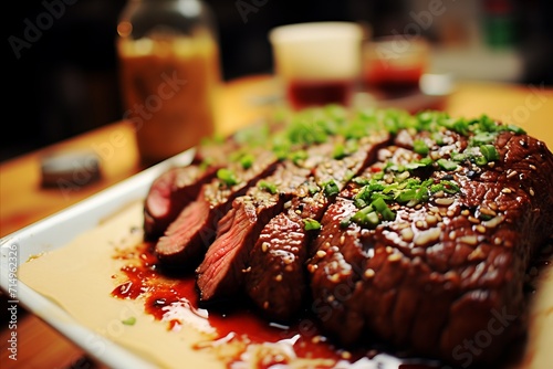 Juicy beef steak, artfully sliced into mouthwatering pieces photo