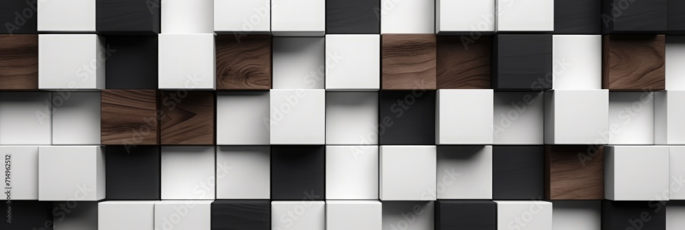 wooden wall with white and black squares and cubes, carved wood blocks, rough organic material. natural background, banner. wooden wall with white and black squares and cubes, carved wood blocks, rough organic material. natural background, banner.