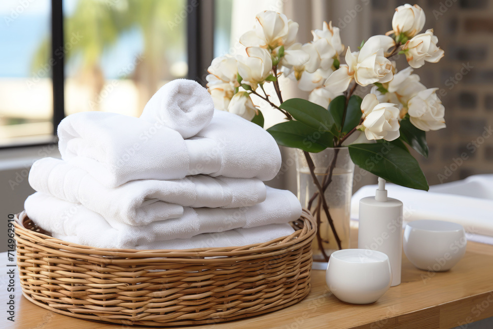 Wicker basket with white towels on the table in the bathroom. Spa, hotel, laundry, cleaning service. Wicker basket with white towels on the table in the bathroom. Spa, hotel, laundry, cleaning service.