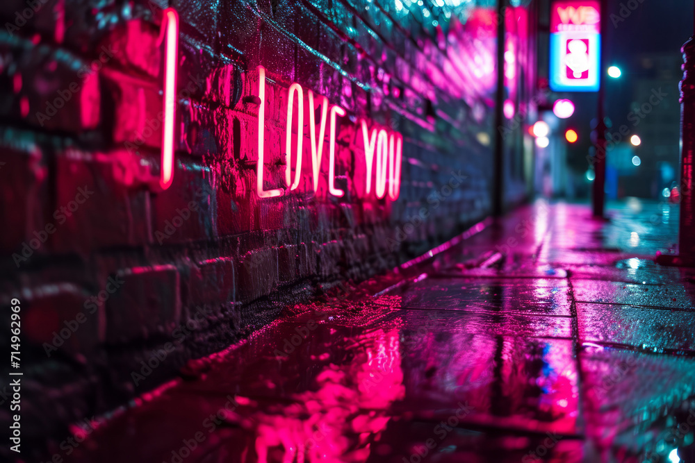 I love you - spelled out in bright, glowing neon letters against a dark, urban brick wall, reflecting on a rain-soaked pavement, vibrant and dramatic, moody and atmospheric lighting.