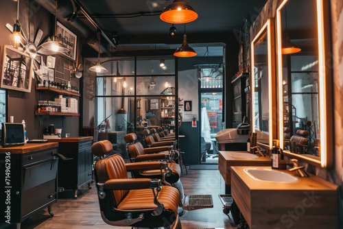 Busy Barber Shop With Multiple Chairs and Bright Lights