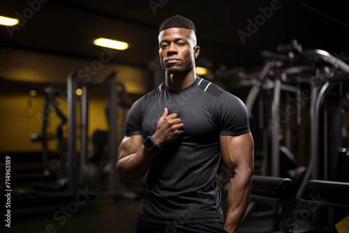 A brutal black man with a muscular body against the backdrop of a gym. Workout motivation.