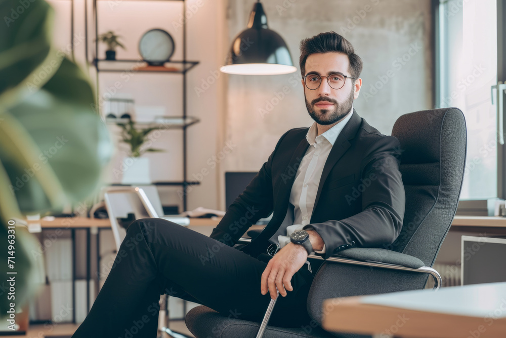 Businessman in Suit Seated on Chair in Office Businessman in Suit Seated on Chair in Office