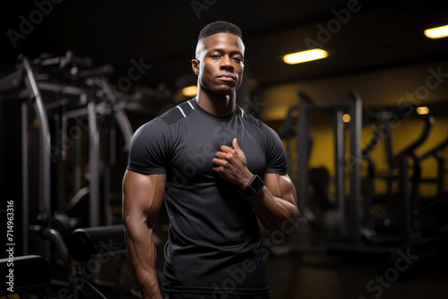 A brutal black man with a muscular body against the backdrop of a gym. Workout motivation.