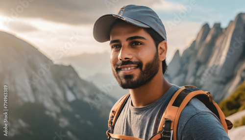 Happy hiker smiling on an adventurous mountain trek © SashaMagic