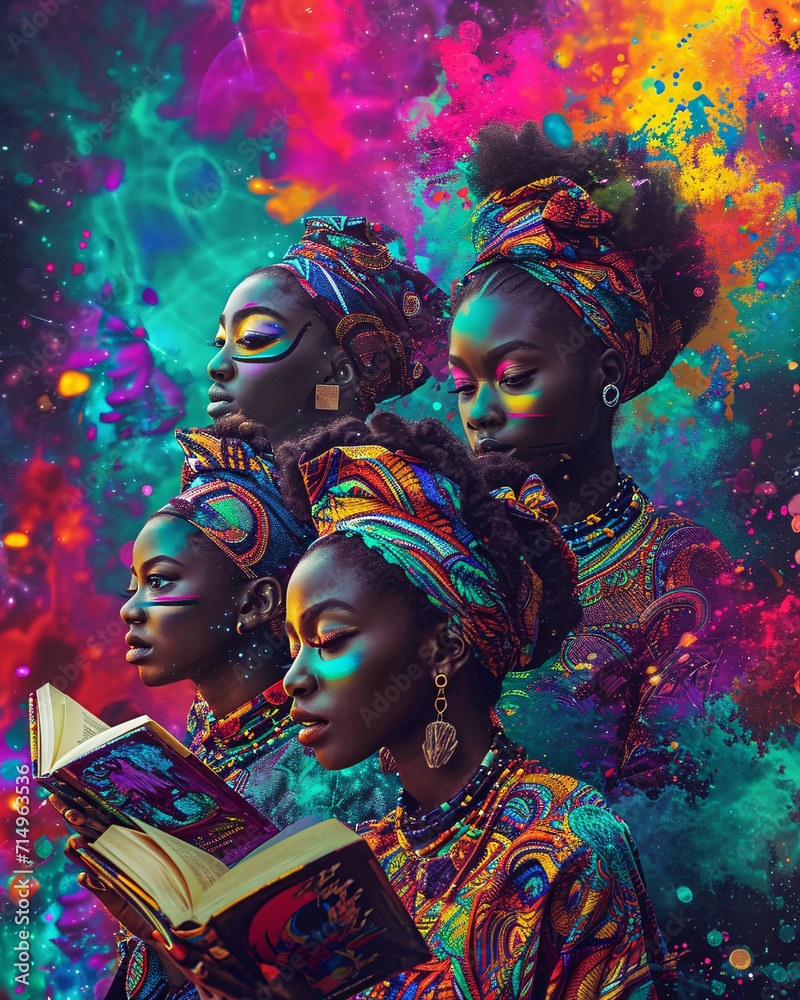 Four Women with Colorful Hair and Clothing Reading Books Generative AI