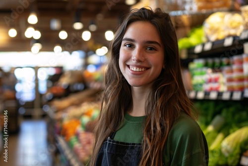 Smiling Woman in Green Shirt and Jeans in a Grocery Store Generative AI