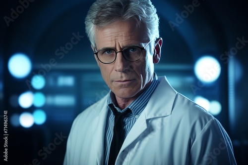 Close-up of a dedicated doctor with extensive work experience against the background of a hospital.