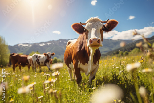cow in sunny grass field, in the style of pet care. nature-inspired imagery. cow is walking around in a field, sunrays shine upon it. cattle, farming, pasture.