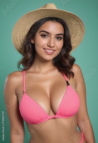 beauty sexy young Woman model smiling, straw hat, hands on hips, proffesional studio photo, wear pink bikini