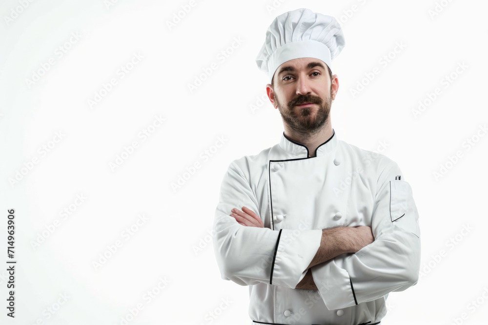 Confident Chef Standing With Crossed Arms Wearing Hat in Kitchen Restaurant