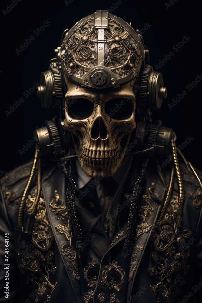 A portrait man wearing a helmet in the style of salvagepunk, made of skulls
A portrait man wearing a helmet in the style of salvagepunk, made of skulls