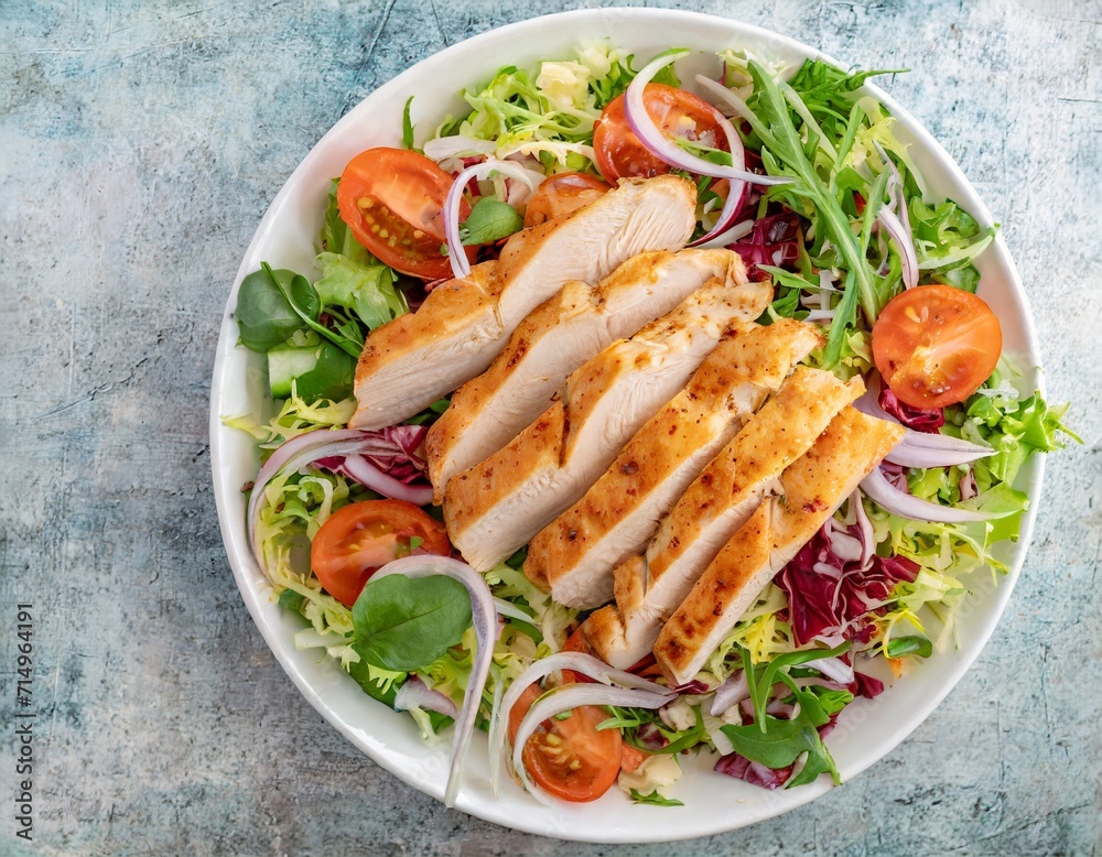 Gerilltes Hähnchenfilet in streifen geschnitten auf einem gemischten Salat, draufsicht Gerilltes Hähnchenfilet in streifen geschnitten auf einem gemischten Salat, draufsicht