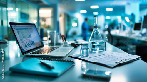 Modern office workspace: A clean and organized office desk with a laptop and medical-related items, symbolizing professional work