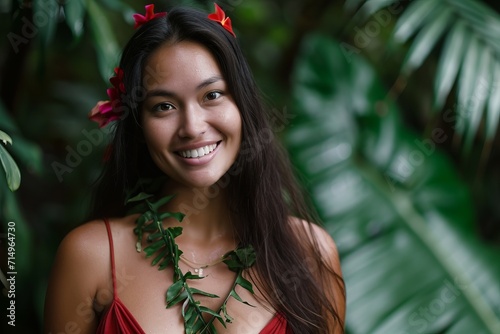 polynesian young woman in a summer dress looking to camera with a smlie photo