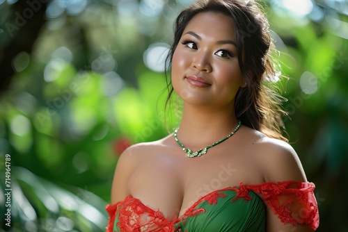 polynesian young woman in a summer dress looking to camera with a smlie photo