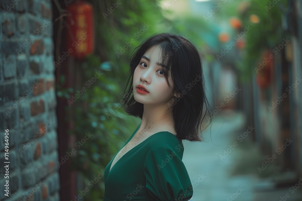 portrait of a young asiatic woman in a green dress looking to camera portrait of a young asiatic woman in a green dress looking to camera
