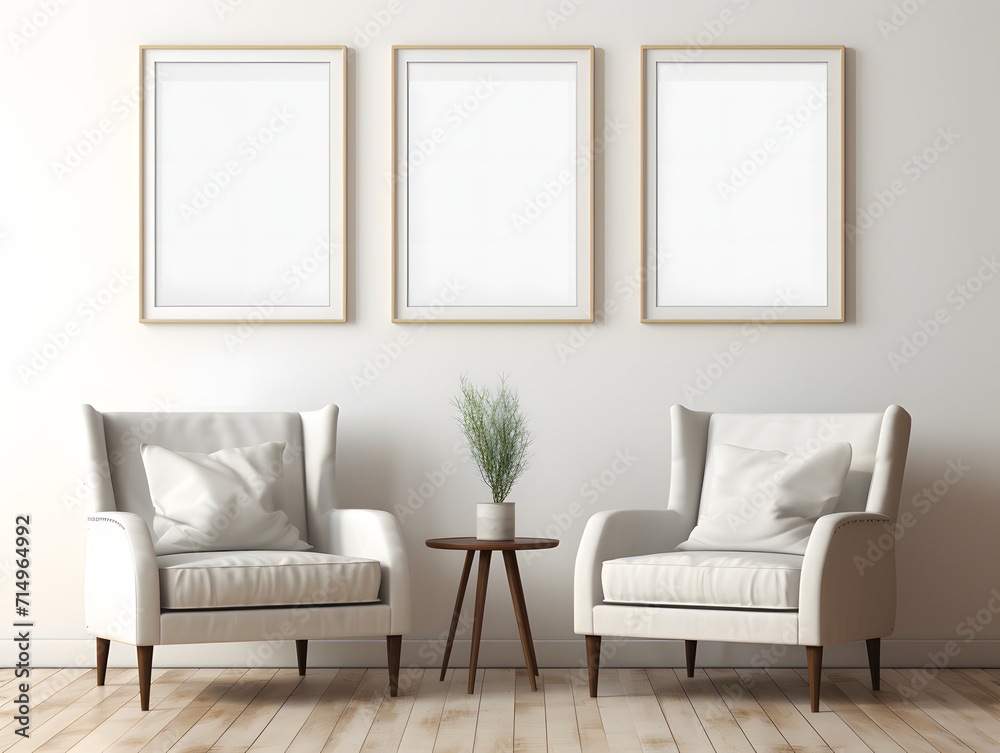 3D living room with three chairs and three blank white frame mockups 3D living room with three chairs and three blank white frame mockups