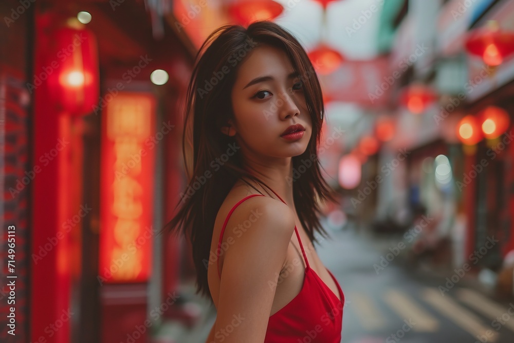 young stylish chineese woman wearing red dress in the city young stylish chineese woman wearing red dress in the city